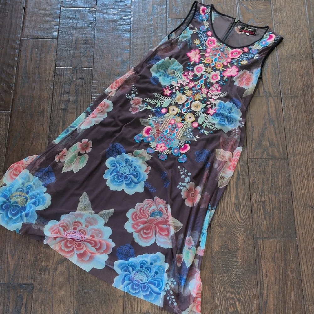 BIYA JOHNNY WAS I Floral Embroidered Mesh Sleeveless Midi Dress with Liner, S - Picture 2 of 16